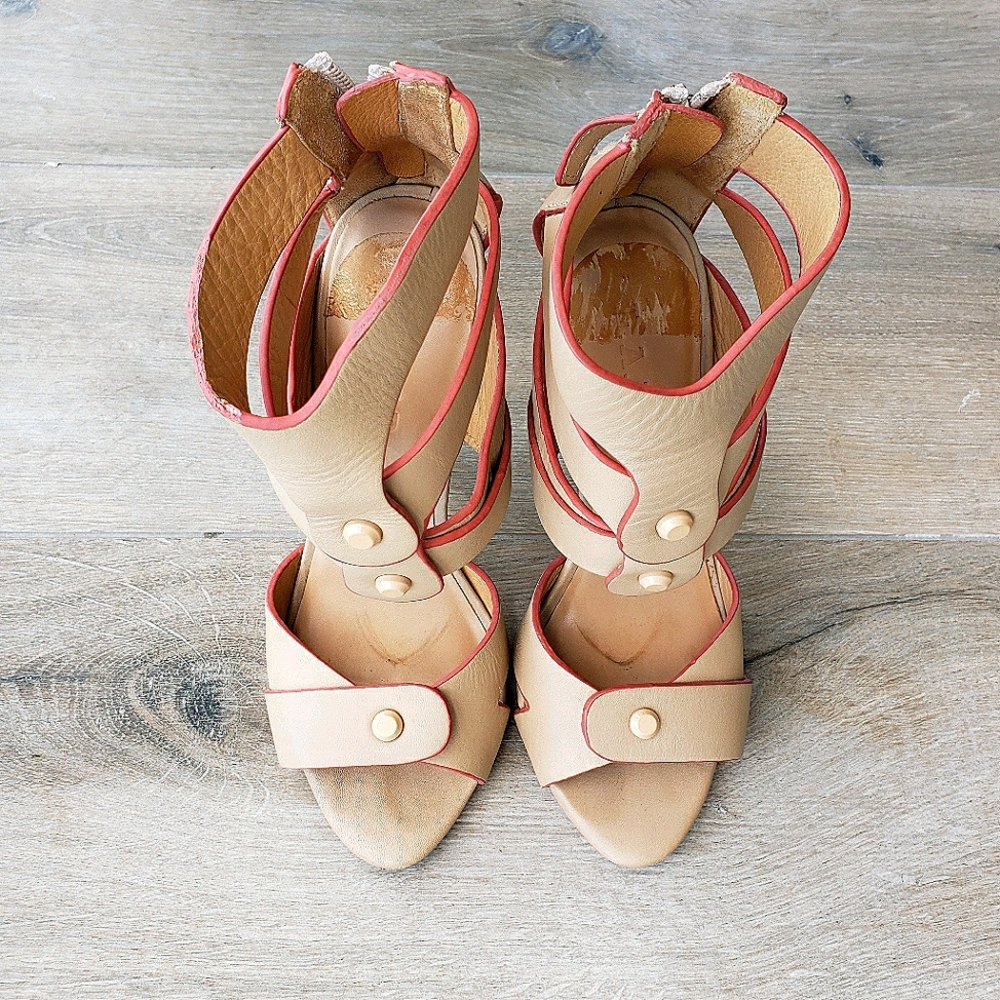 L.A.M.B. tan and coral gladiator sandal